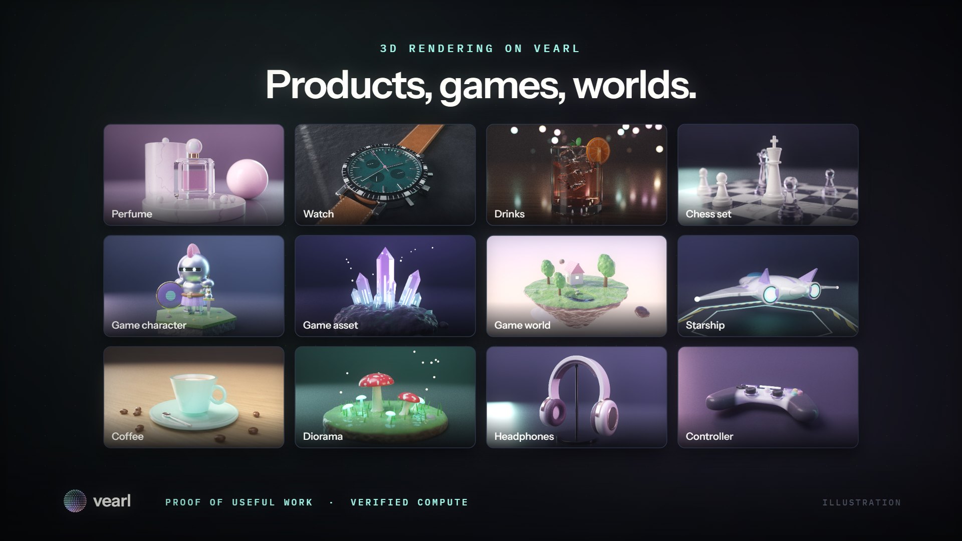Twelve 3D renders: a perfume bottle, a watch, a cocktail, a chess set, a knight, crystals, a floating island, a starship, a coffee cup, a mushroom diorama, headphones and a game controller